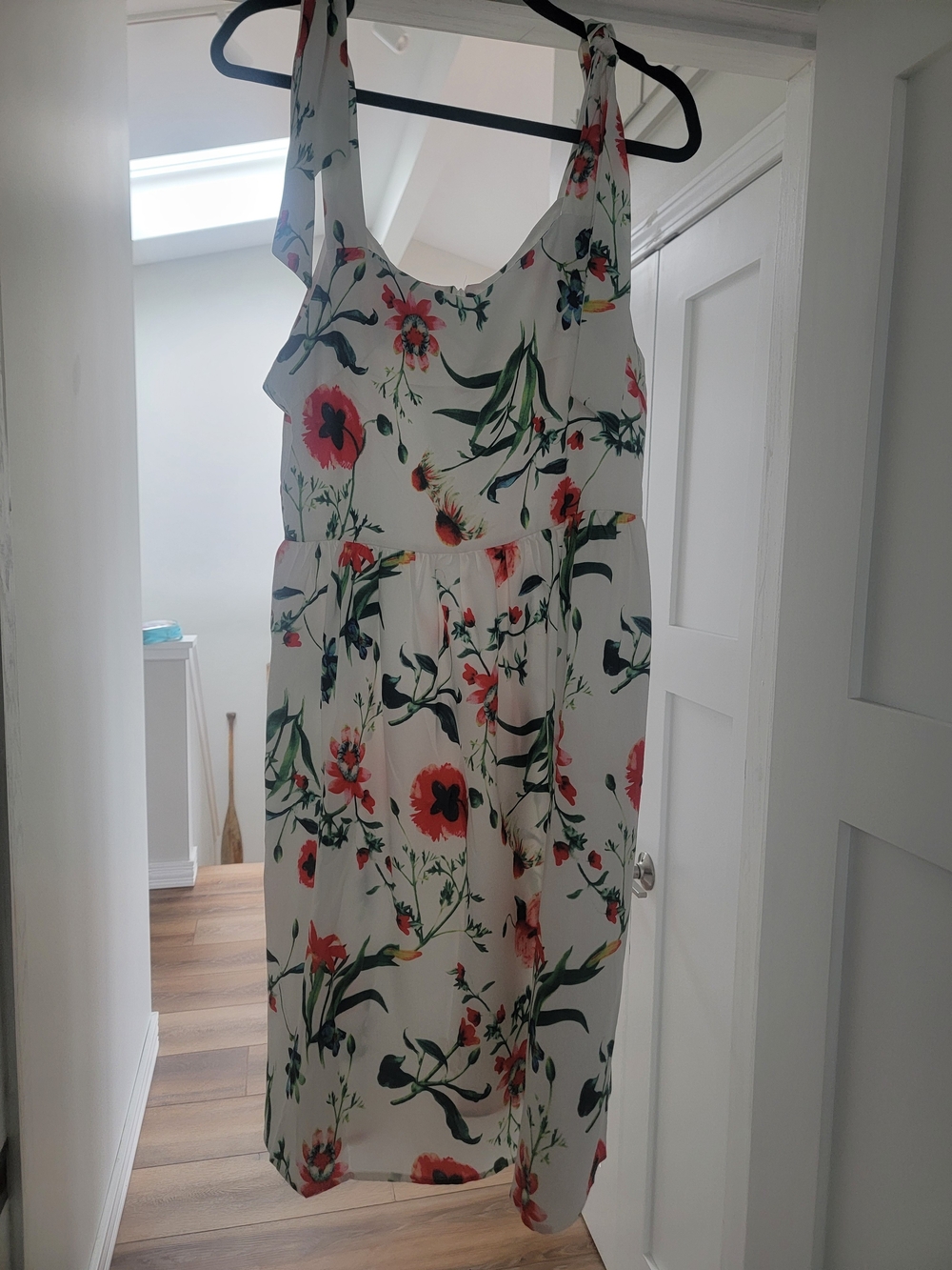 White Floral Sundress with Red & Green Print